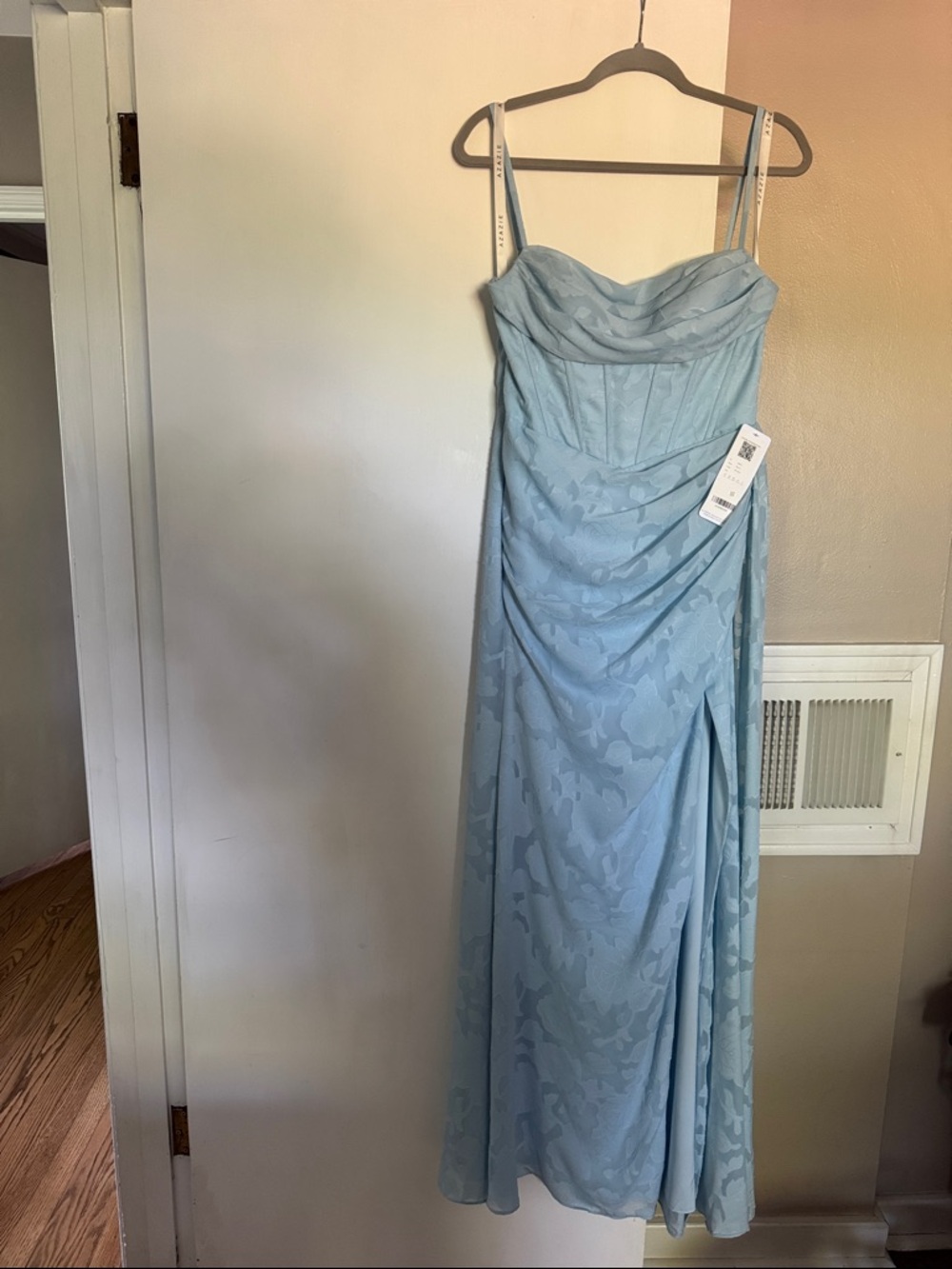 Azazie Sky Blue Floral Burnout Denisa Dress - Draped Sweetheart Maxi Dress